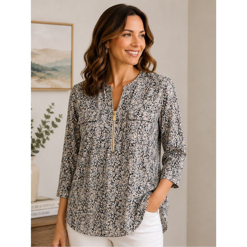 Ellen Tracy Leopard Print Tunic Top M Gold Zip 3/4 Sleeve Career Office Blouse